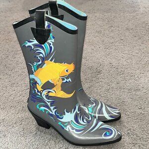 dav Cowboy Cowgirl Western Koi Gold Fish Rain Boots Heeled Women's EU 36 = US 6